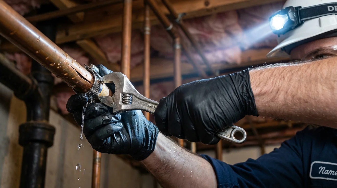 Emergency pipe clamp repair being performed by a Johns Plumbing LLC plumber in Nampa
