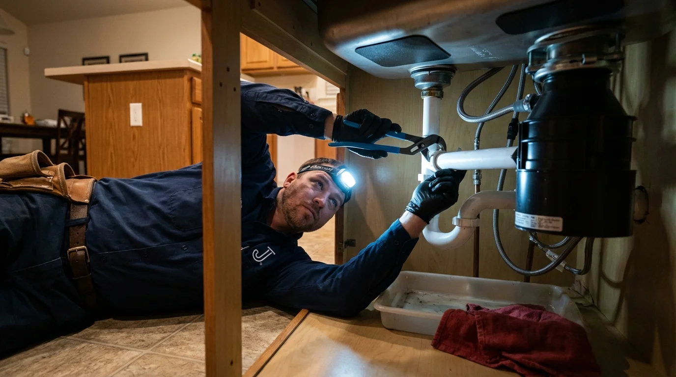 P-trap and supply line connections under a kitchen sink showing a common leak point in Nampa, ID